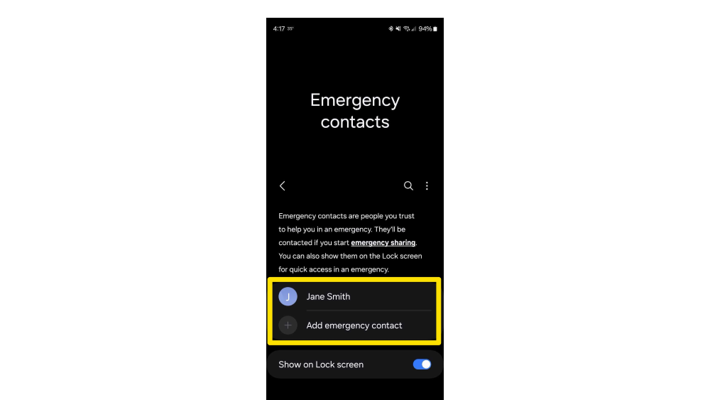 Screenshot for setting up emergency contact in Android phones