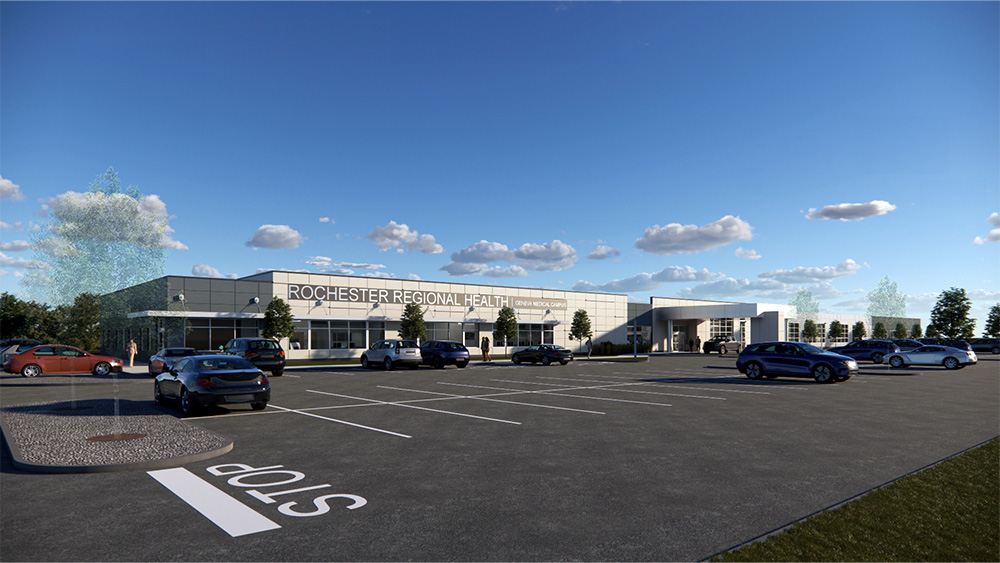 Rendering of white medical campus building with Rochester Regional Health sign in partially filled parking lot