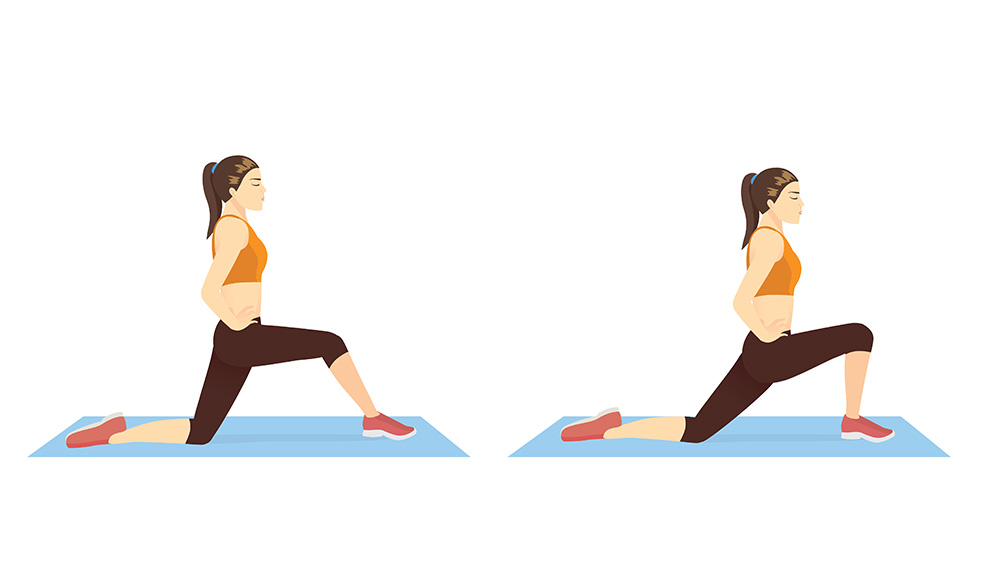 Illustration of woman doing Hip Flexor Stretch pose for exercise in 2 steps