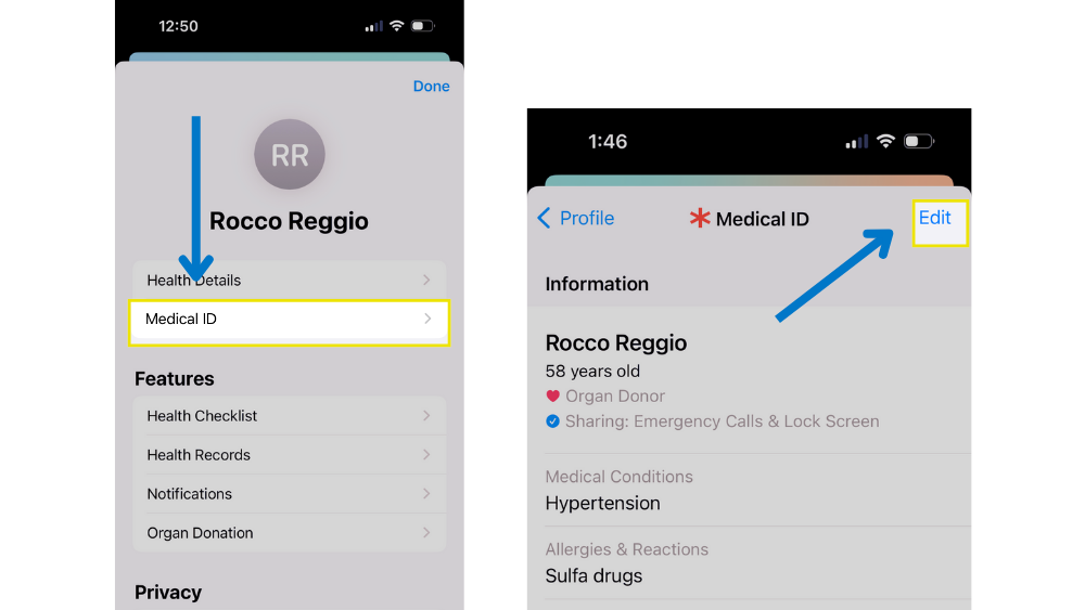 Screenshot for setting up emergency contact in iPhones