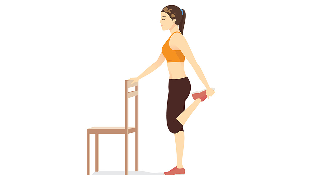 Illustration of woman doing Kneeling Quad Stretch on exercise mat and reaching hand out to her front