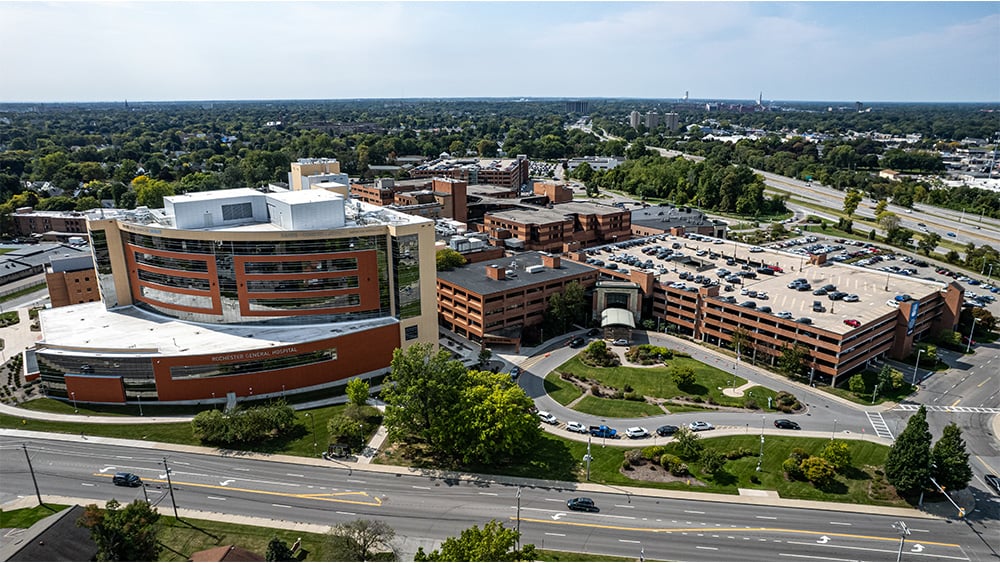 drone shot of rochester general hospital