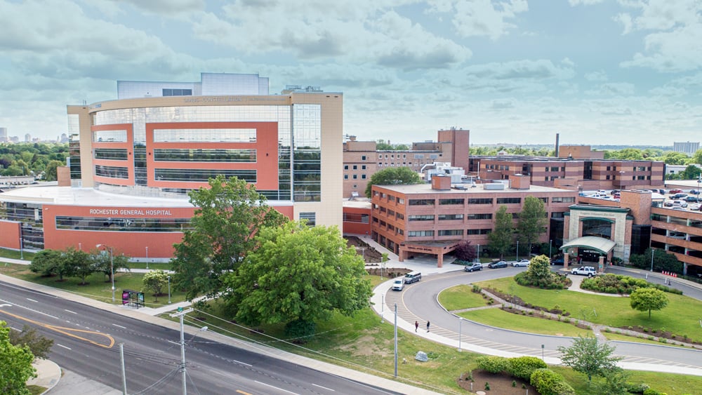Drone shot of Rochester General Hospital exterior