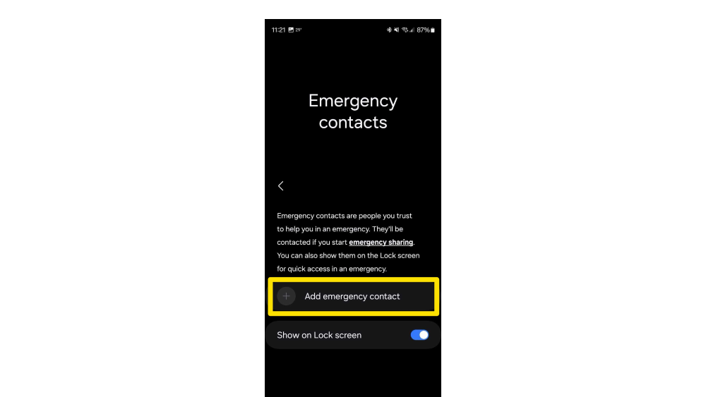 Screenshot for setting up emergency contact in Android phones