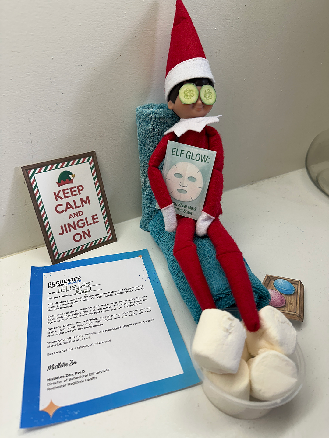 an elf-on-the-shelf having a relaxing me day