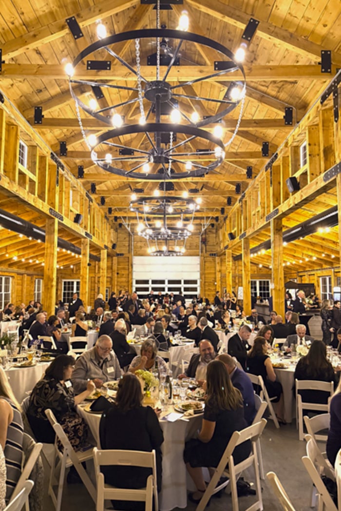 Crowd of formally dressed adults at fundraising event