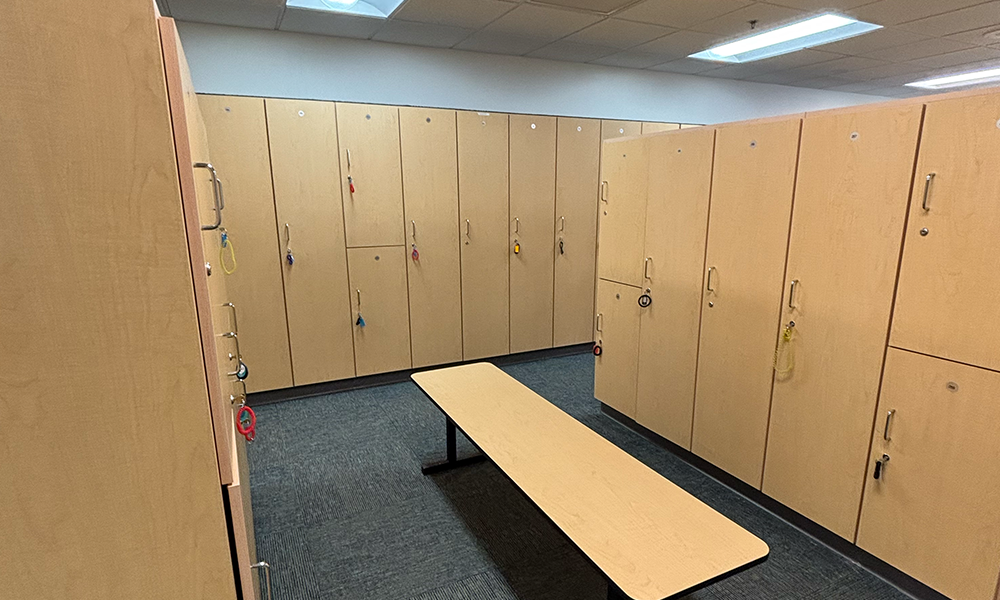 A locker room and a bench