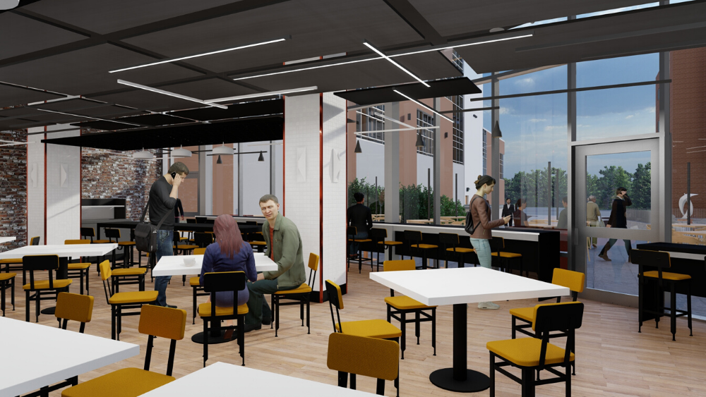 Rendering of new Wolfgang puck restaurant at Rochester General Hospital