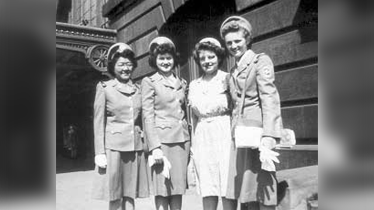 Frances Yuge Kirihara (RGH, '46), Evelyn DeGroot Winter (RGH, '46), Norma Weiland Ogley (1946) and Arleen House Quetschenbach (RGH, '45)