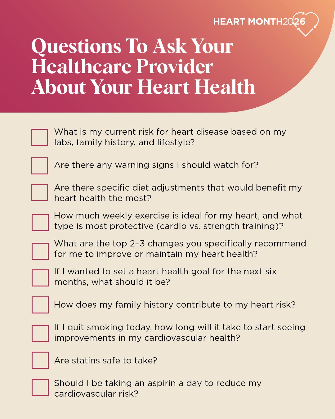 checklist of questions to ask your provider about your heart health