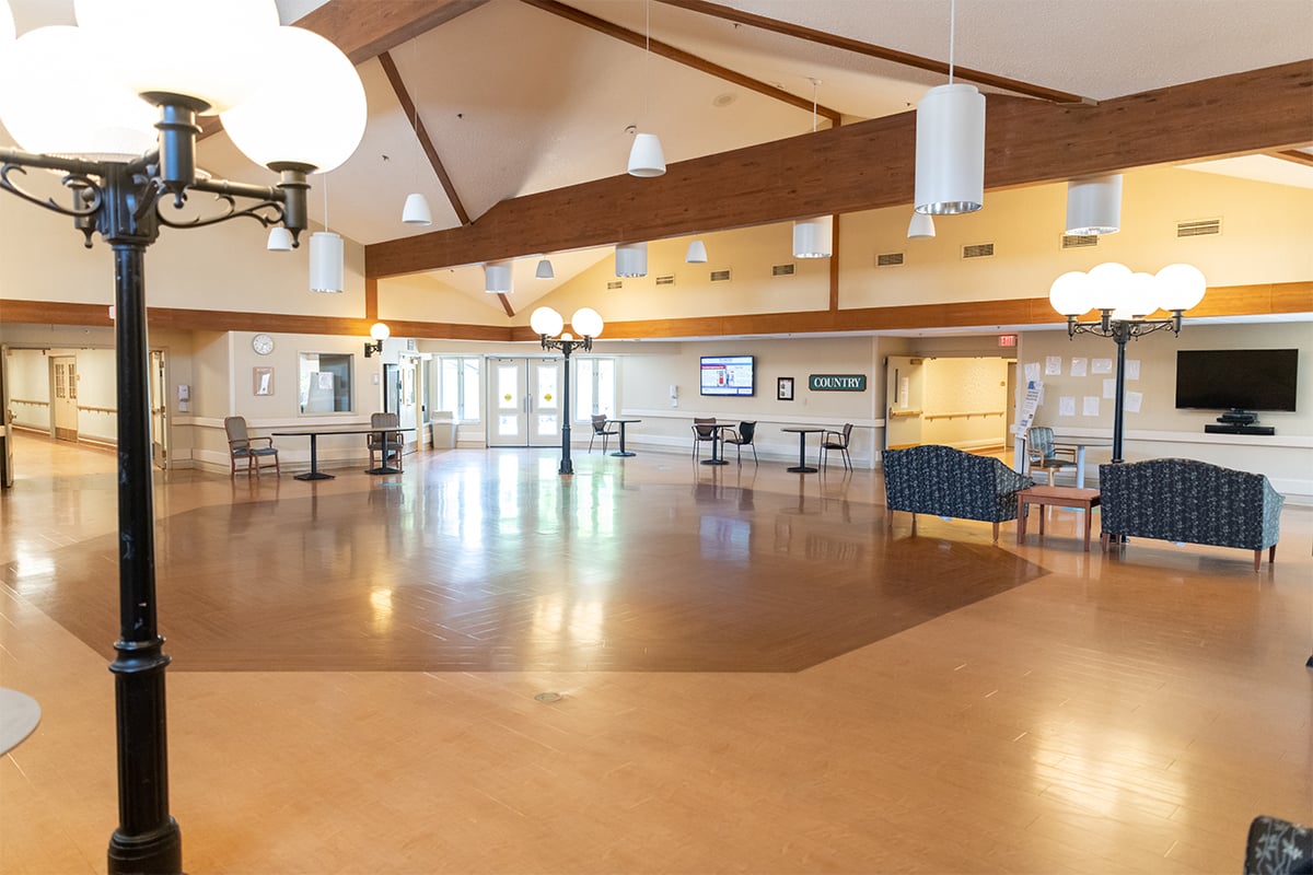 Spacious “village square” where live music, bingo, and other activities are held.