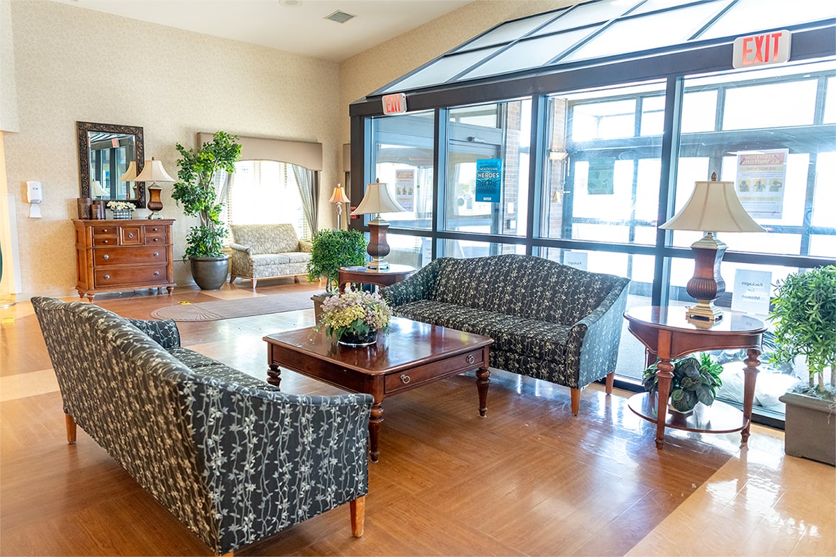 Bright, welcoming front lobby for guests.