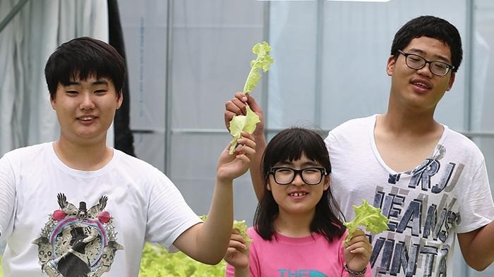 세 명의 청소년이 야외에서 노란색 바람개비를 들고 미소를 짓고 있다.