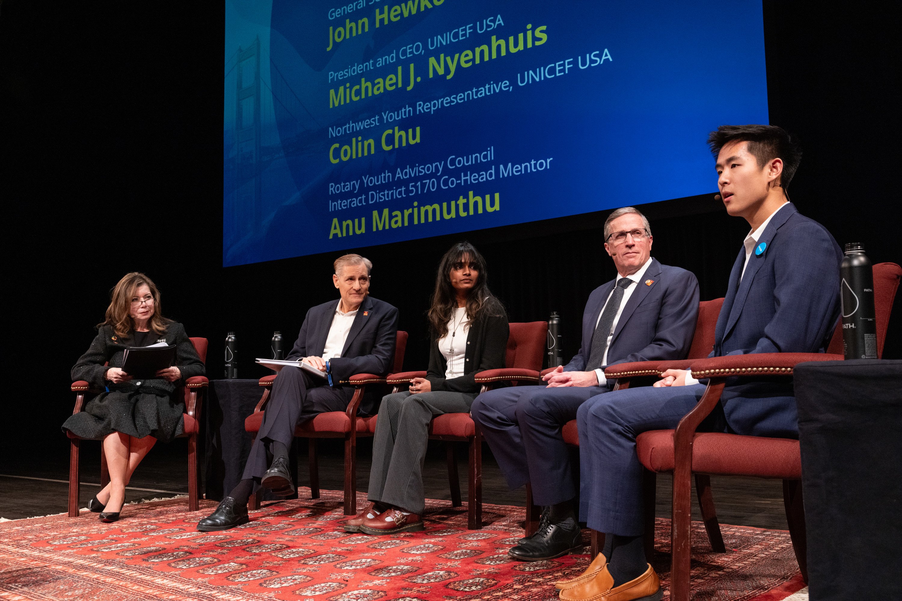 Rose Cardarelli, Rotary representative to UNICEF; John Hewko, Rotary International general secretary; Anu Marimuthu, a member of Rotary’s Youth Advisory Council; Michael J. Nyenhuis, UNICEF USA president and chief executive officer; and Colin Chu, UNICEF USA northwest youth representative, speak at Global Goals, Local Action: Rotary Commemorates the United Nations at 80 in San Francisco, California, USA.