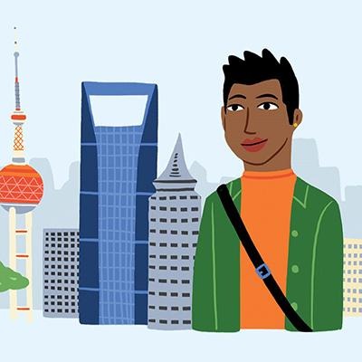 Illustrated person with a shoulder bag standing in front of a stylised city skyline