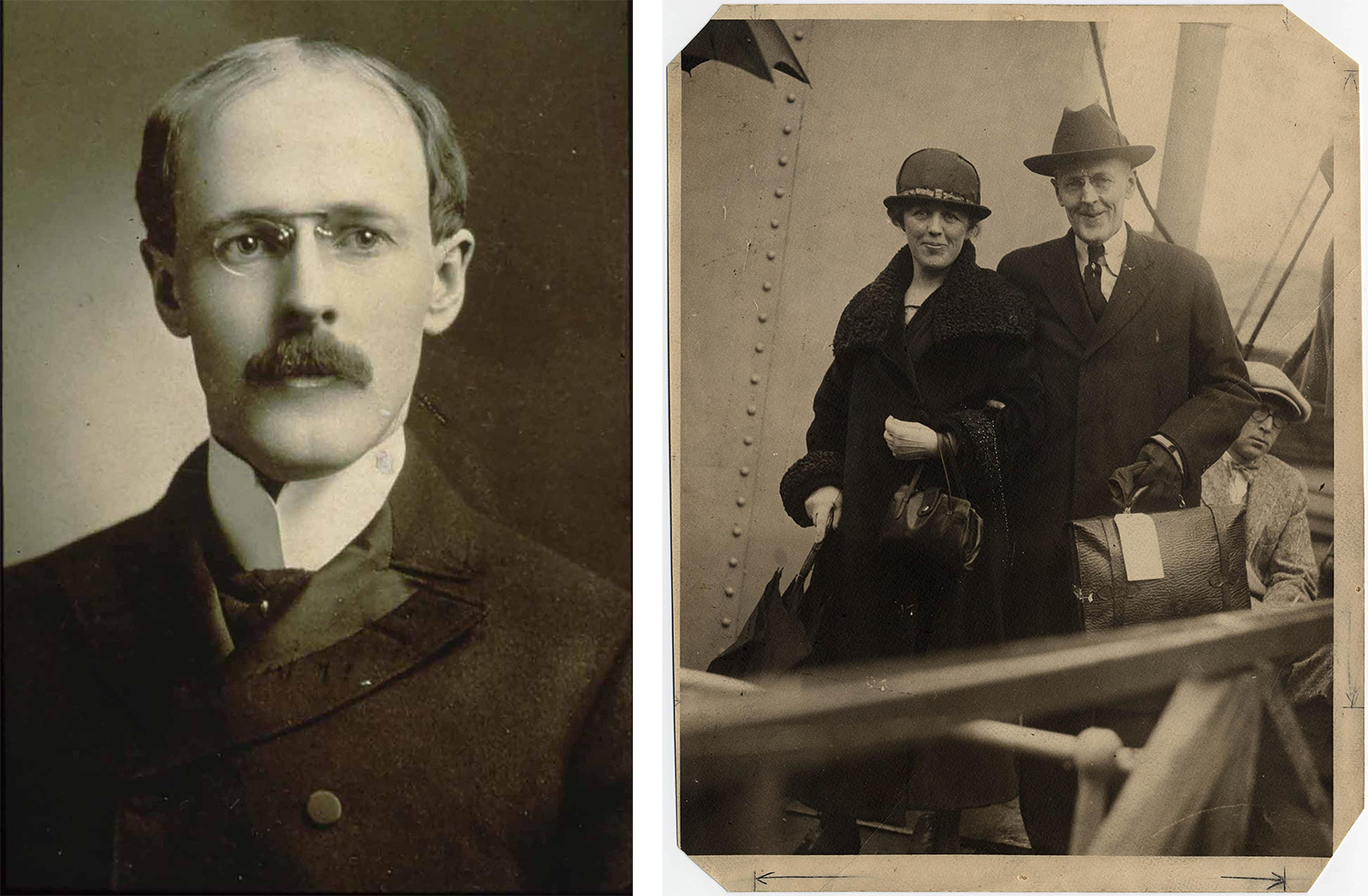 Left: Paul Harris, age 28, soon after he started practicing law in Chicago in 1896. Right: Jean and Paul Harris board a ship after visiting Rotary members in Bermuda, 1925.