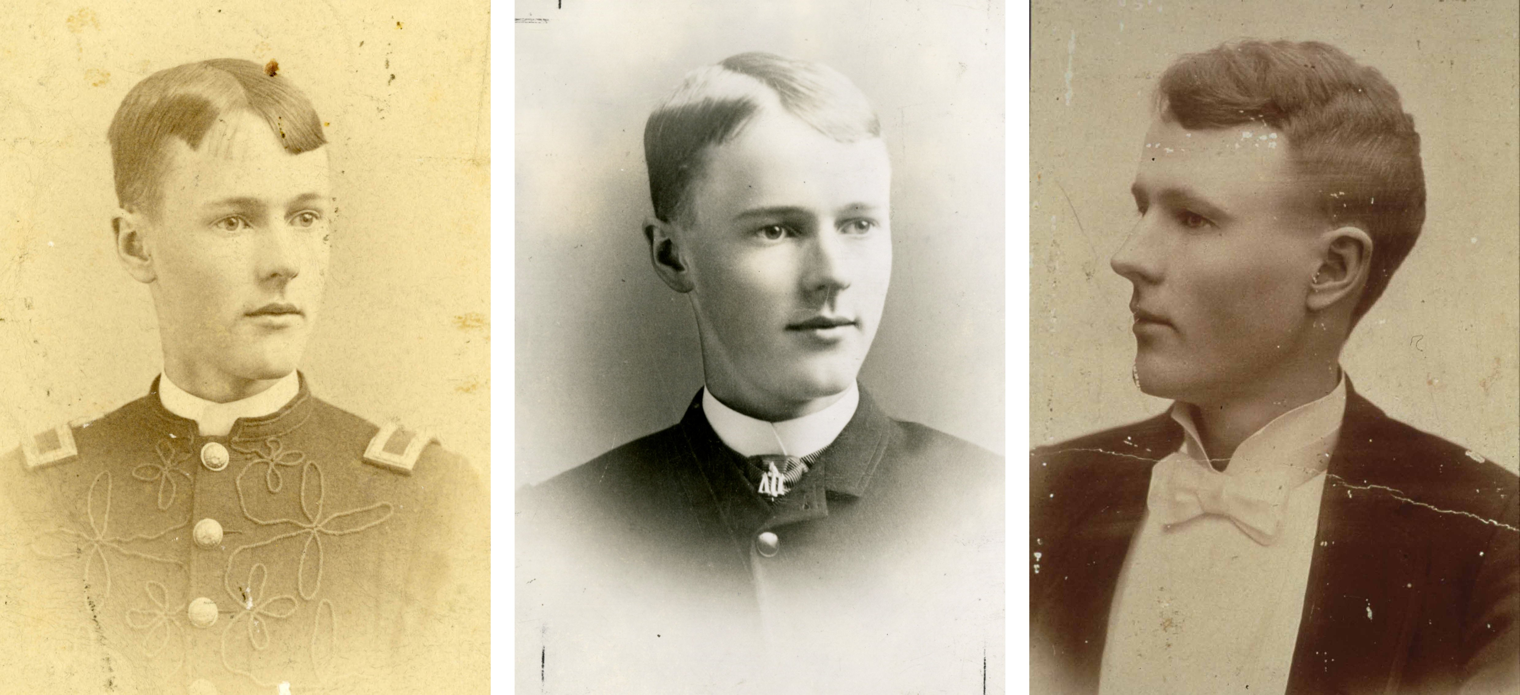 Left: Paul Harris as a cadet in the Vermont Military Academy. Before 1886. Middle: Paul Harris, age 18, as a student at the University of Vermont in Burlington. 1886. Appeared in My Road to Rotary. Right: Paul Harris, shortly after he graduated from the University of Iowa law school in 1891. Appeared in "My Road to Rotary."
