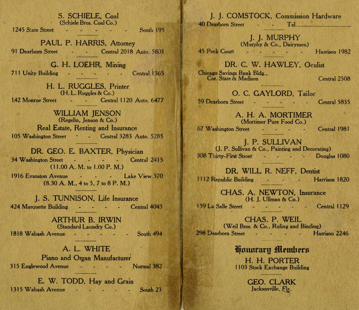 Rotary Club of Chicago member roster from October 1905
