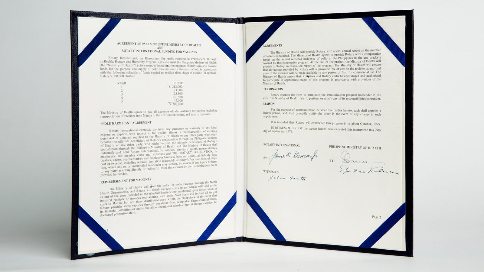 A picture of the 1979 agreement between Rotary International and the Philippine Ministry of Health for a joint multi-year effort to immunize children against polio.