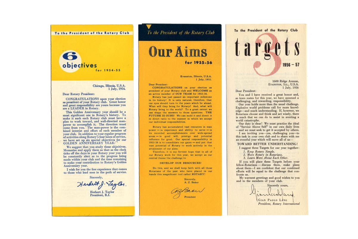 Early theme brochures were almost entirely textual and did not include theme logos. From left: Six Objectives (Herbert J. Taylor, 1954-55), Develop Our Resources (A.Z. Baker, 1955-56), and Three Targets (Gian Paolo Lang, 1956-57).
