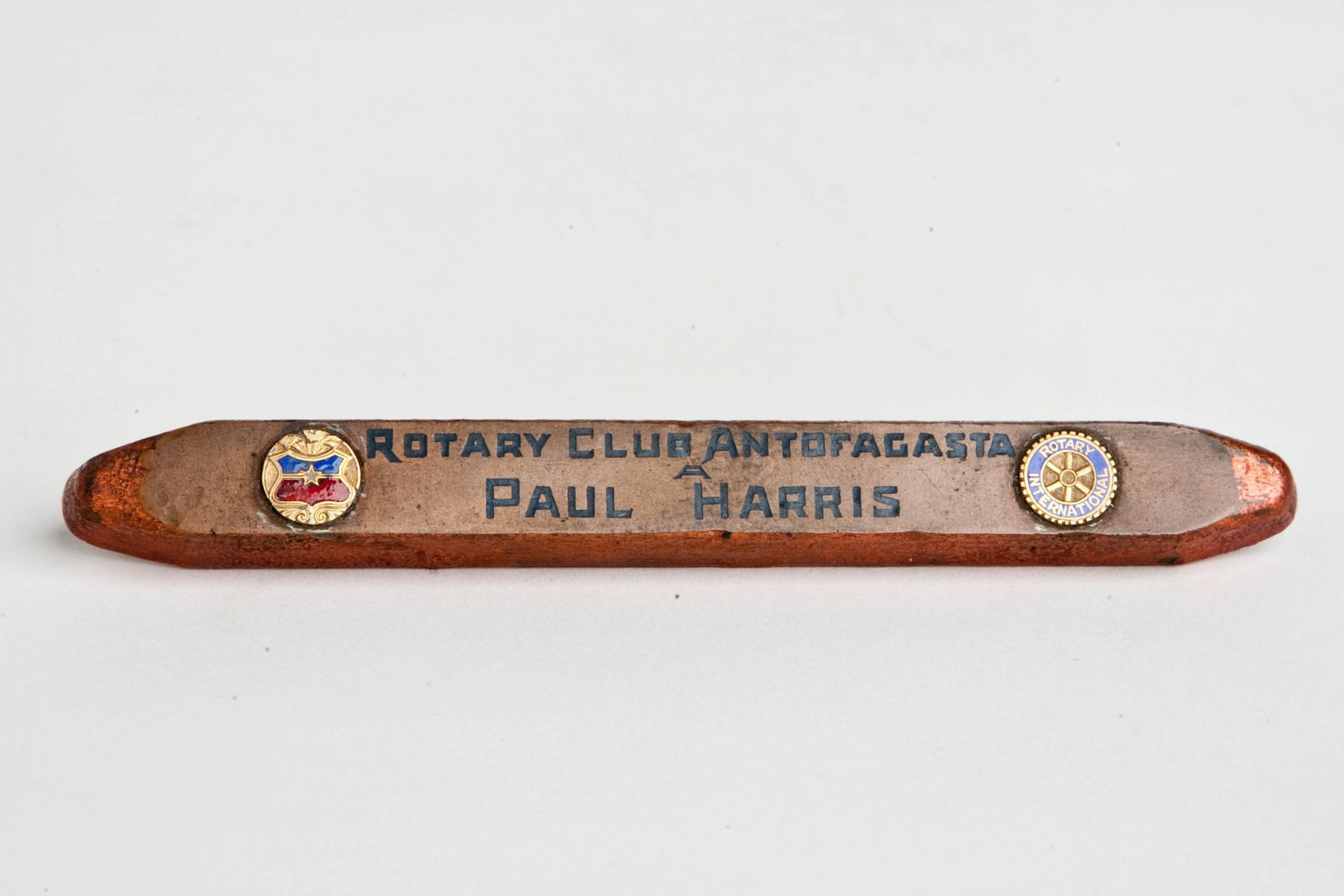 Paul Harris and his wife, Jean, visited Rotary clubs throughout South America from January to April of 1936. They received souvenirs including this paperweight from Antofagasta, Chile.