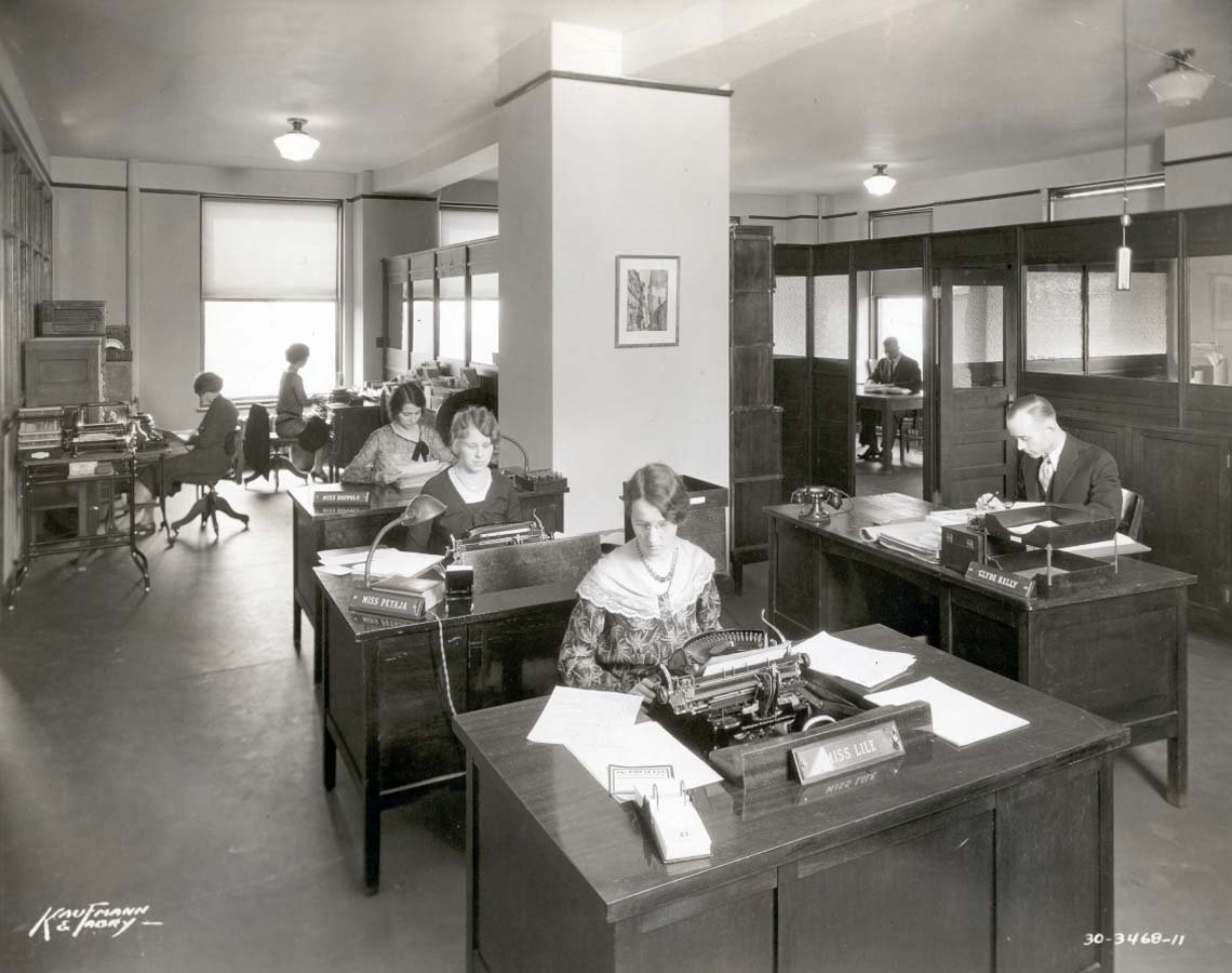 Members of the Rotary staff at work in World Headquarters. 1930. Appeared in the June 1930 issue of The Rotarian.