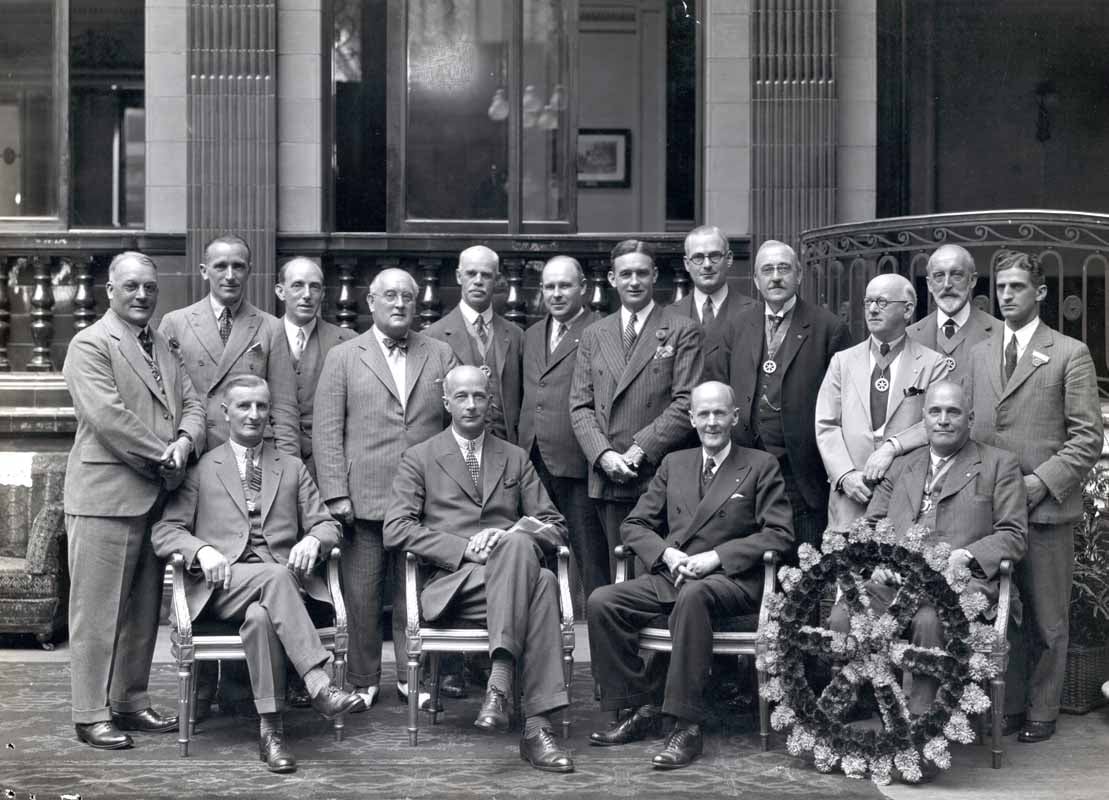 Paul Harris (front row, second from right) with members of the Rotary Club of London, Greater London, England, and guests during a celebration of the club’s anniversary in August 1932.
