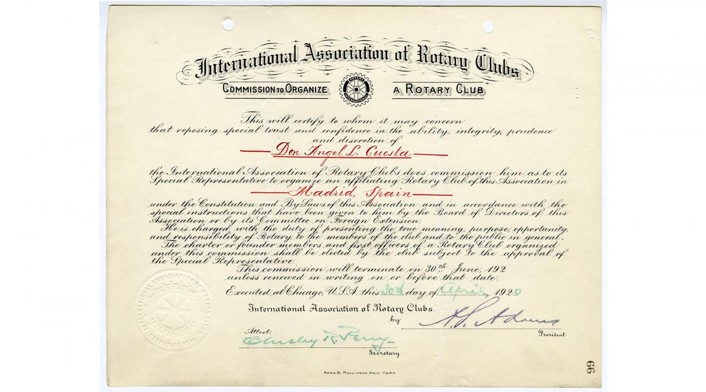 Certificate authorizing Rotarian Angel Cuesta of Tampa, Florida, USA, to organize a Rotary club in Madrid, Spain.