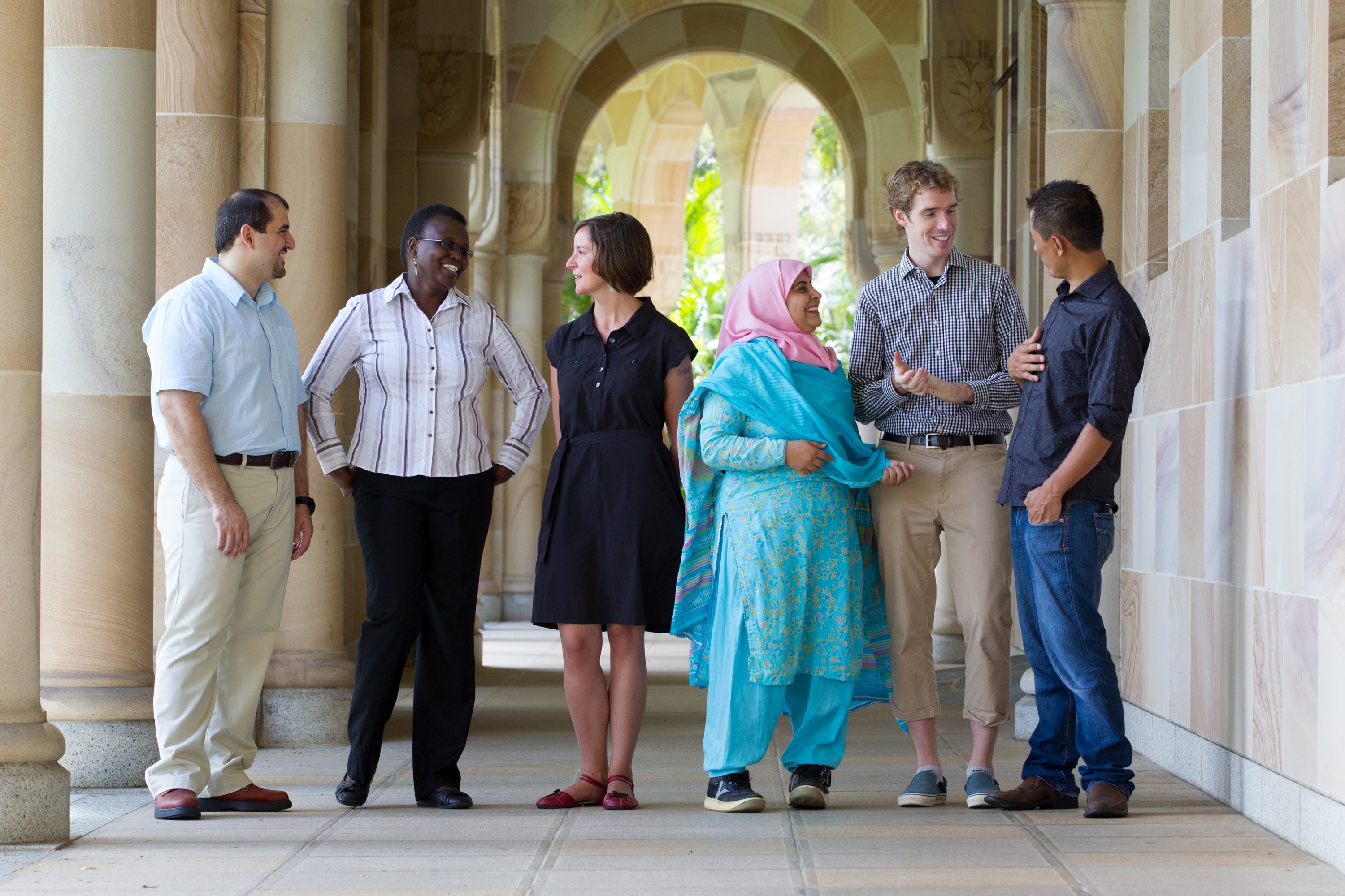 Rotary Peace Fellows (from left) Mohsen Solhdoost, Marion Akiteng, Christel Greiner Butchart, Humaira Shafi, David Burgener, and Athili Anthony Sapriina at the University of Queensland in Brisbane, Queensland, Australia, 24 February 2014.