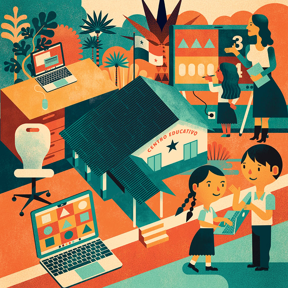 colorful graphic of a school, children, teacher and laptop