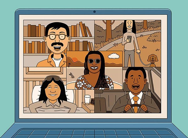Illustration by Serge Seidlitz of people doing various activities depicted on a computer screen