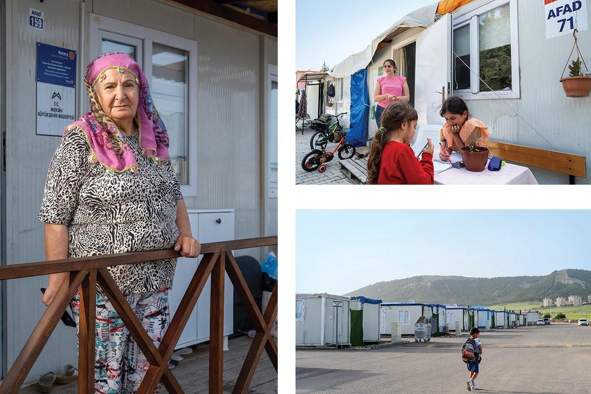 Resident standing on a porch outside temporary housing in Turkey, children sitting outside portable classrooms, and a temporary housing site.