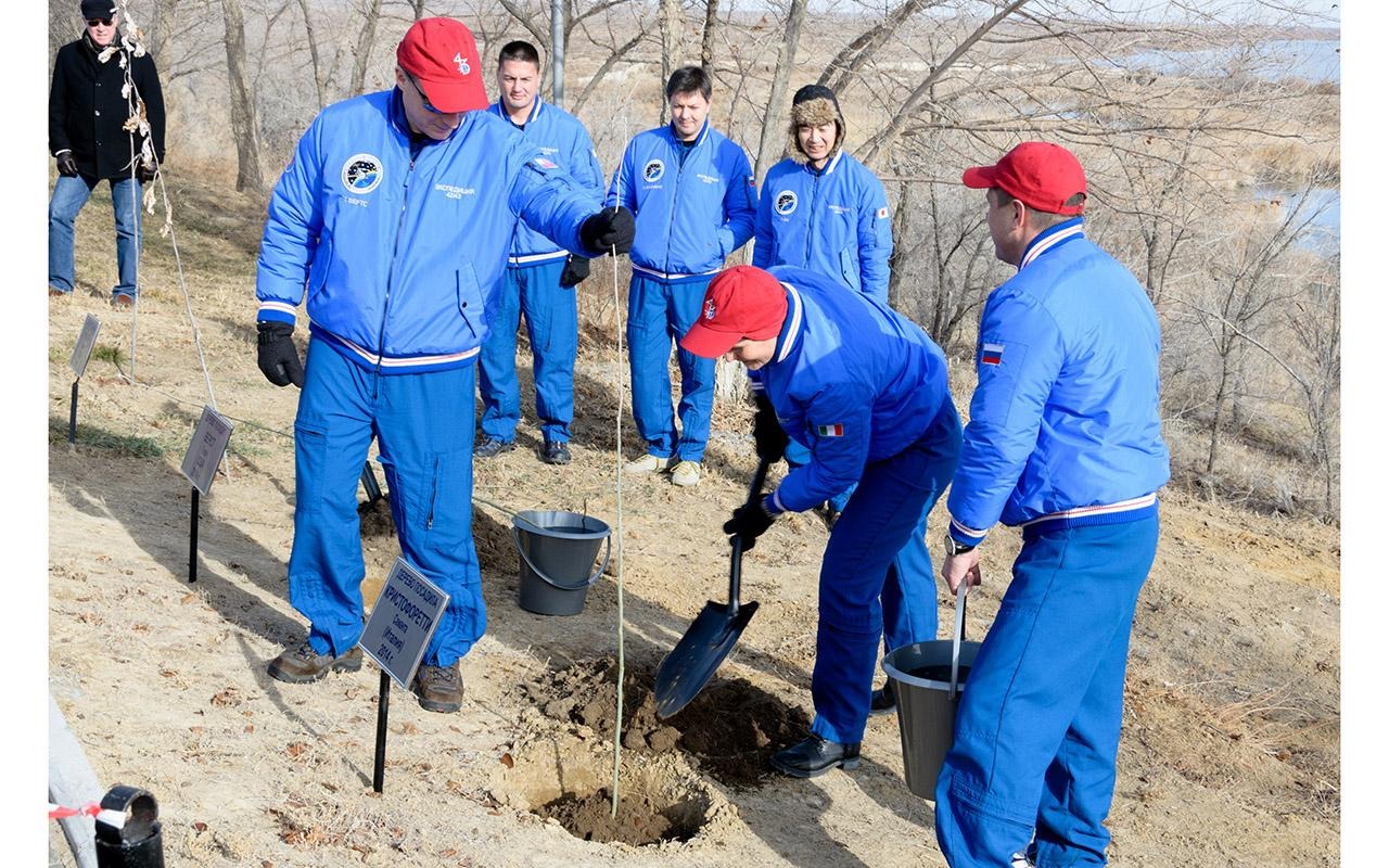 Unas personas plantan un árbol en la ladera de Cosmonaut Alley mientras otras observan.