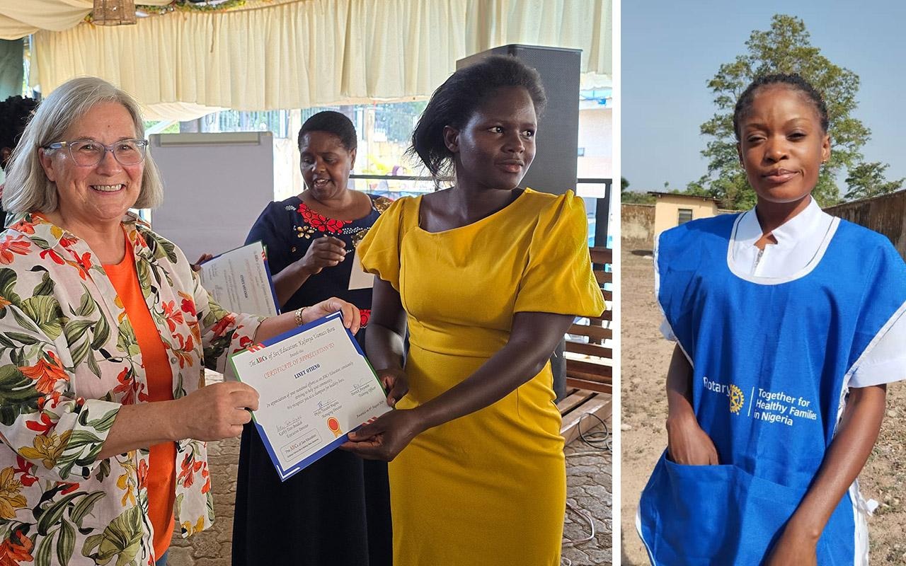 Links: Linet Otieno erhält eine Urkunde für ihr Engagement im Bereich der Sexualaufklärung. Rechts: Koko Patience Samuel, die eine Weste der Rotary-Freiwilligen trägt, ist im Einsatz. 