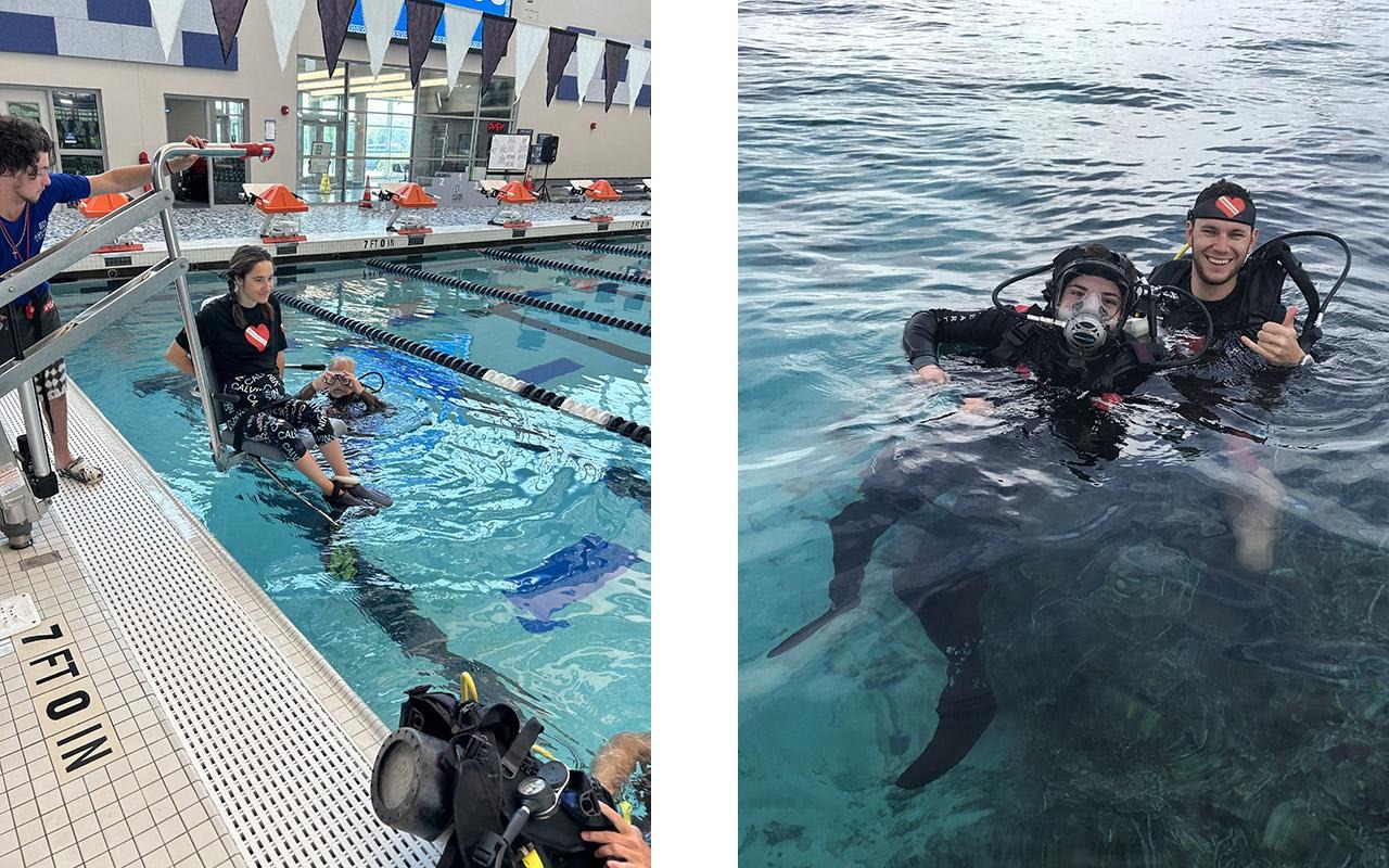 People practicing scuba diving in a pool and floating in open water while wearing diving gear.