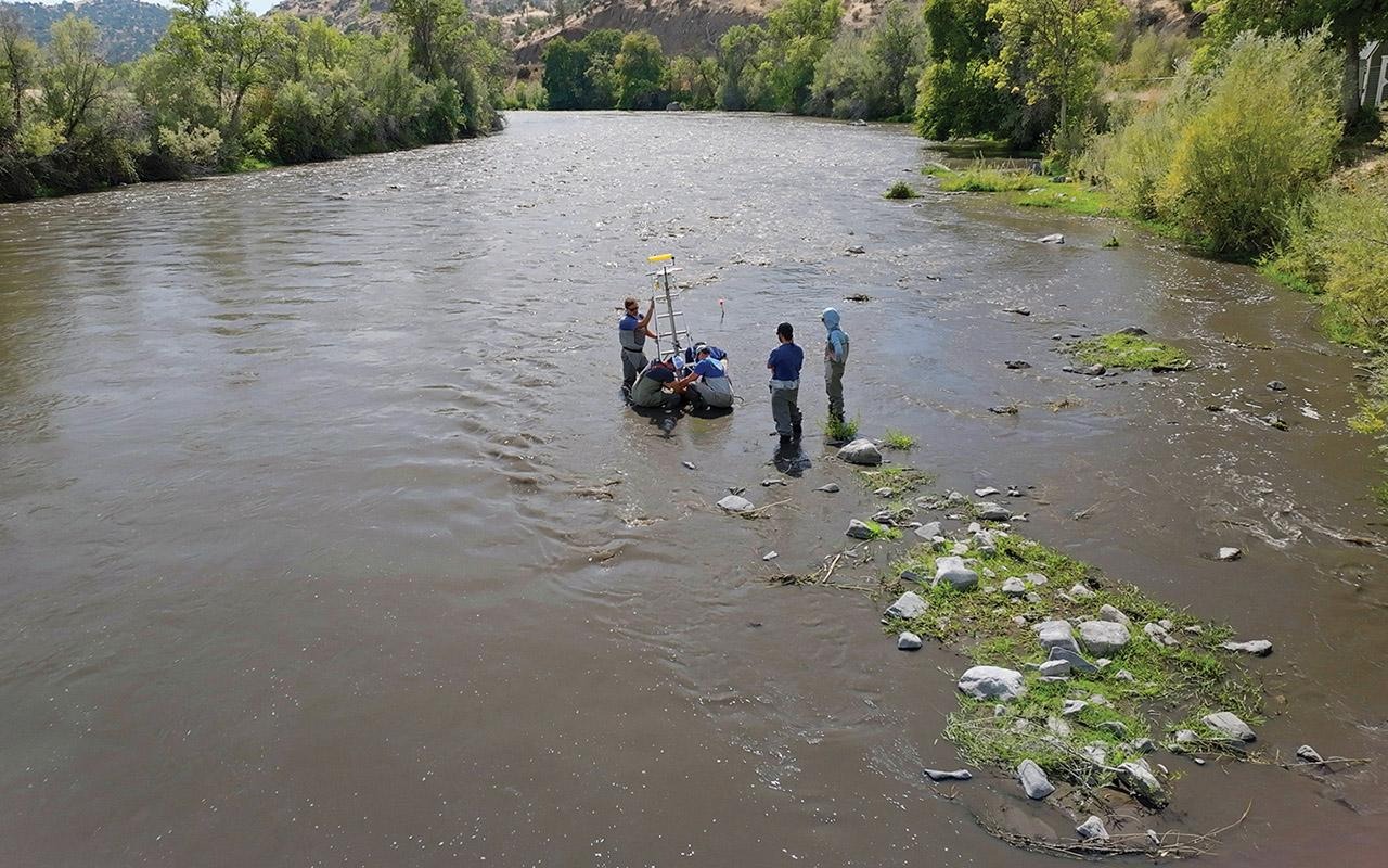 People standing in shallow river water beside floating vegetation and collecting equipment.