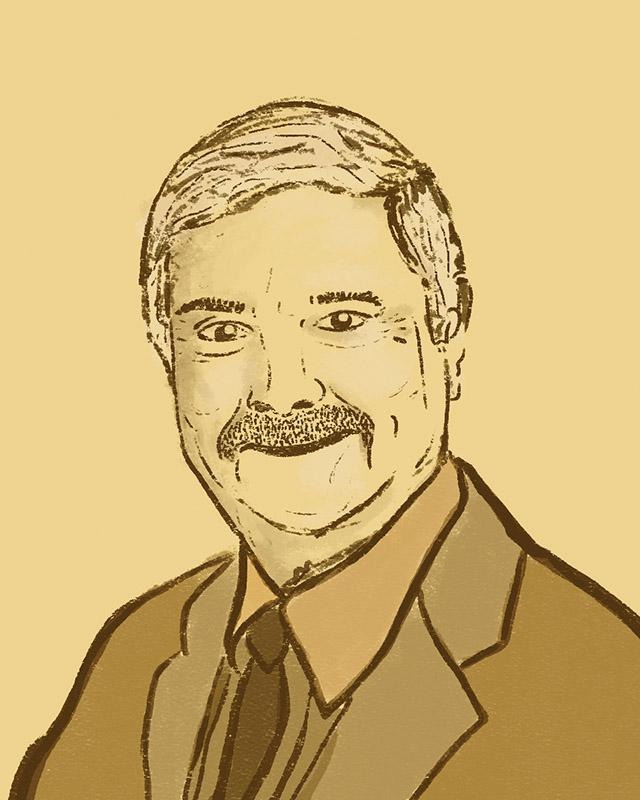 Illustration of Allen Sellers in a suit and tie against a beige background.