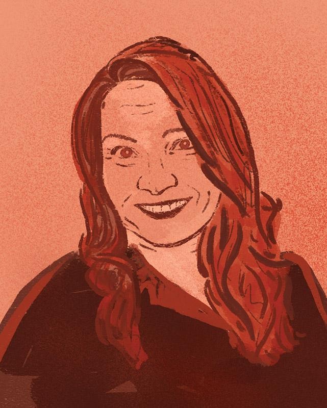 Illustration of Katja Koskimies with long hair against a red background.