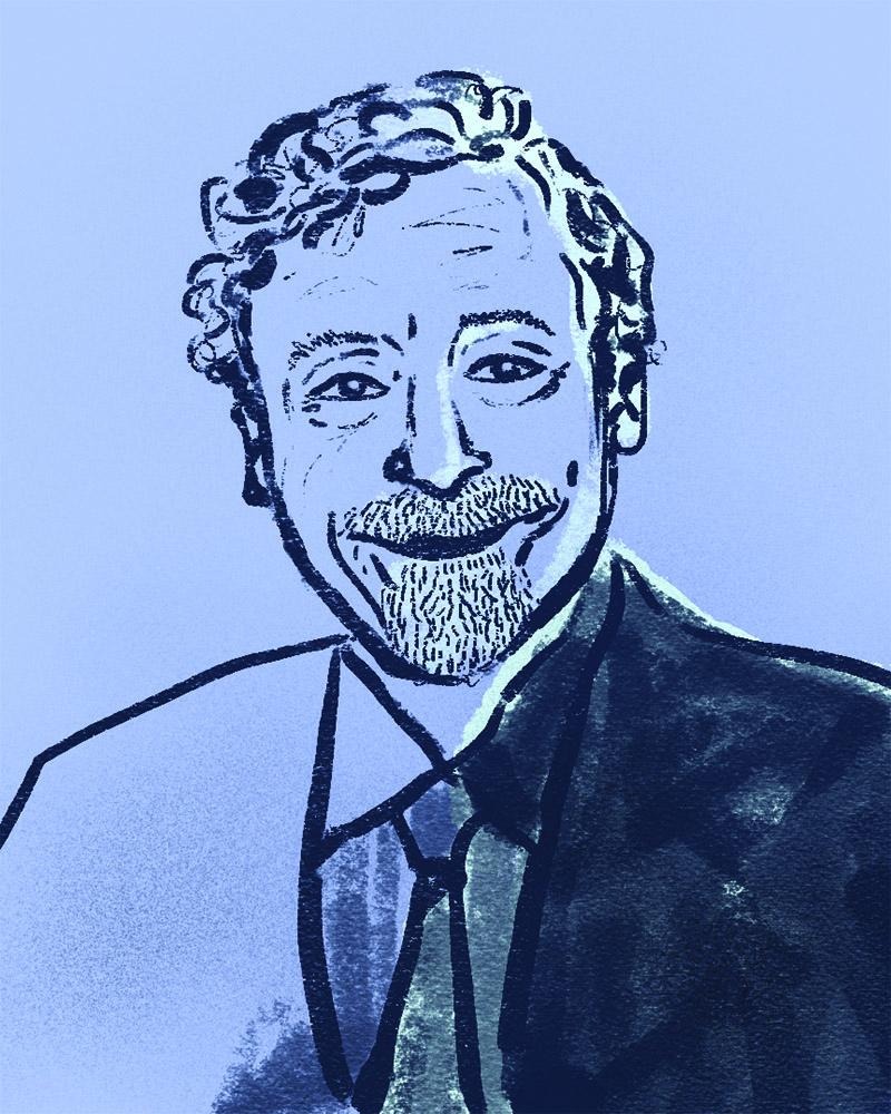 Illustration of Michel Jazzar with curly hair and a beard wearing a suit and tie against a blue background.