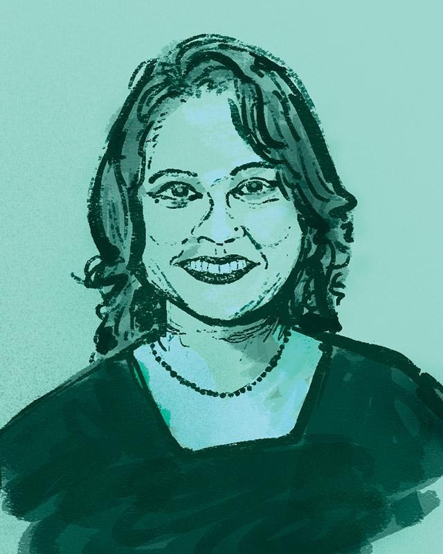 Illustration of Sapna Jaggeshar Mudhoo wearing a necklace and dark top against a green background.