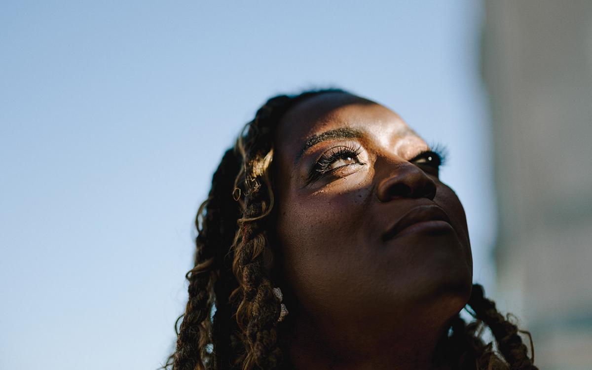 Janelle Hall looks up into the sky