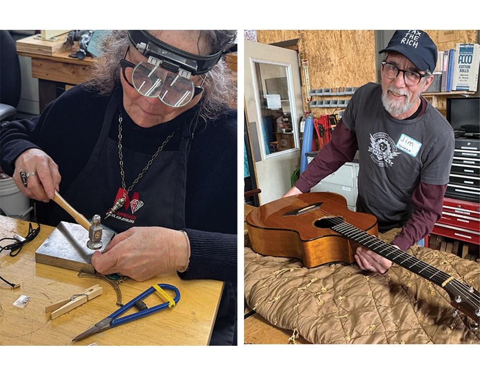 Geteiltes Bild, das eine Person zeigt, die an einer Werkbank Metall bearbeitet, sowie eine Person, die in einer Werkstatt eine Akustikgitarre in der Hand hält