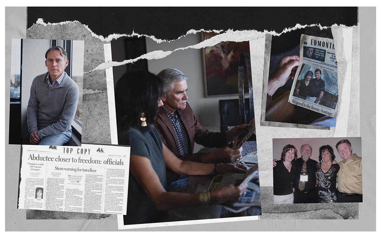 Collage of newspaper clippings, photographs, and people reviewing articles, including headlines "Abductee closer to freedom" and "EDMONTON"
