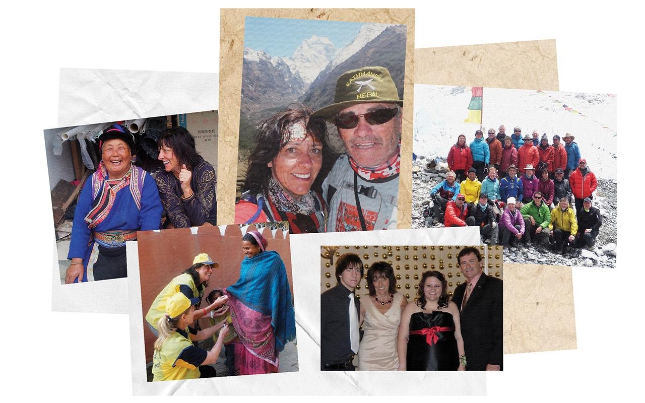 Collage of photographs showing people with local residents, mountain trekking groups, a community outreach activity, and a family portrait in Nepal.