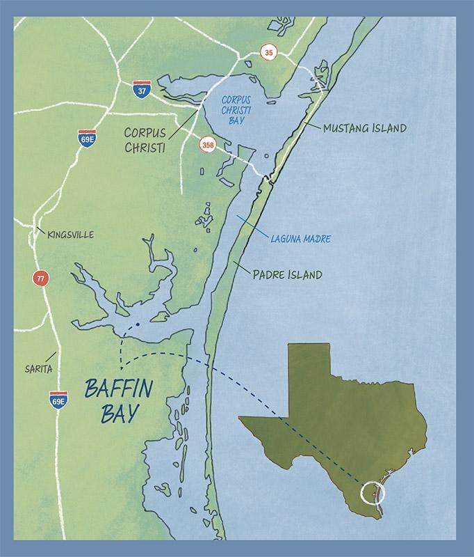 Map showing Baffin Bay on the Texas coast with highlighted waterways and a Texas location inset.