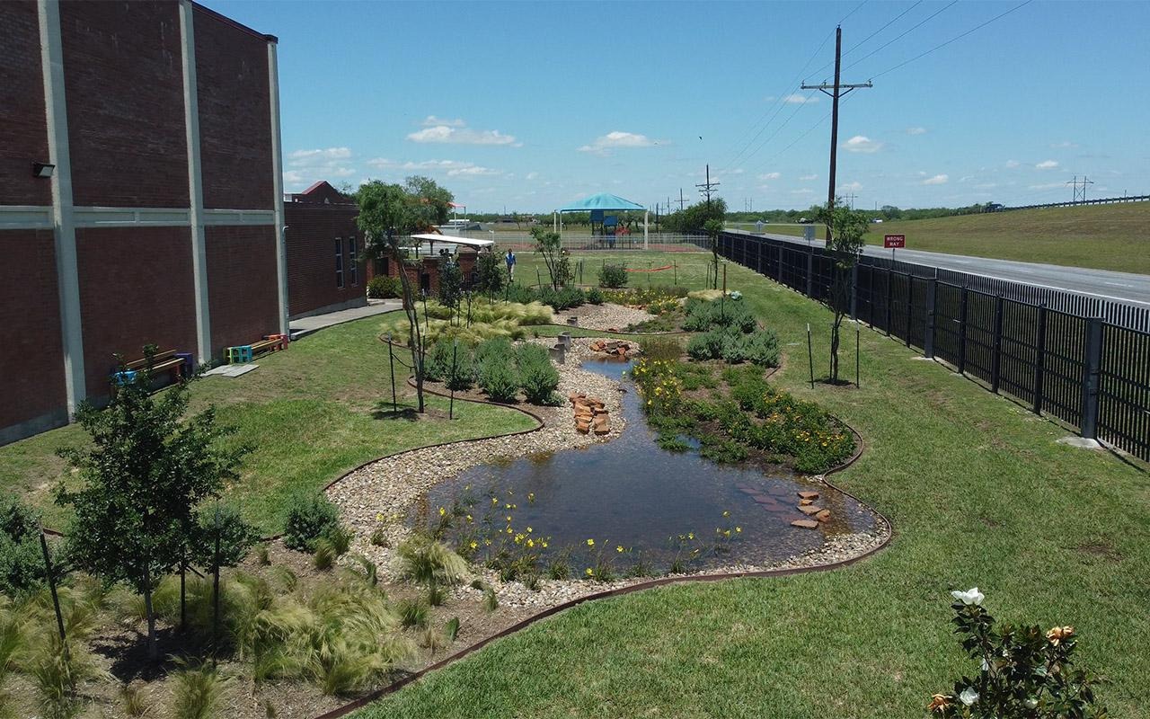 Rain garden with native plants and a water retention basin beside a building and fenced grassy area.