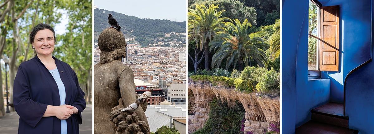 Laia Marín of the Rotary Club of Barcelona; the view from Montjuïc; Park Güell.
