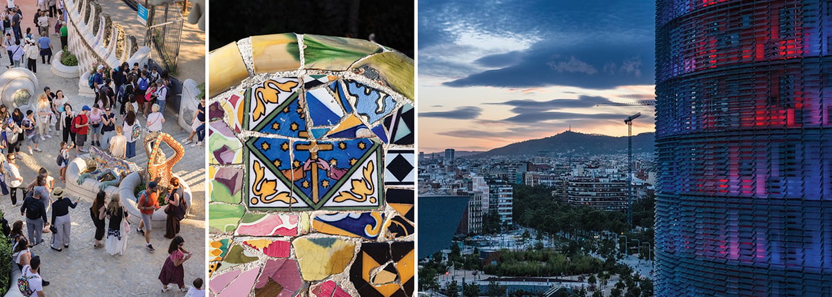 Visitors photograph El Drac in Park Güell; detail of mosaic-tiled sea serpent bench at Park Güell; the Torre Glòries at sunset.  