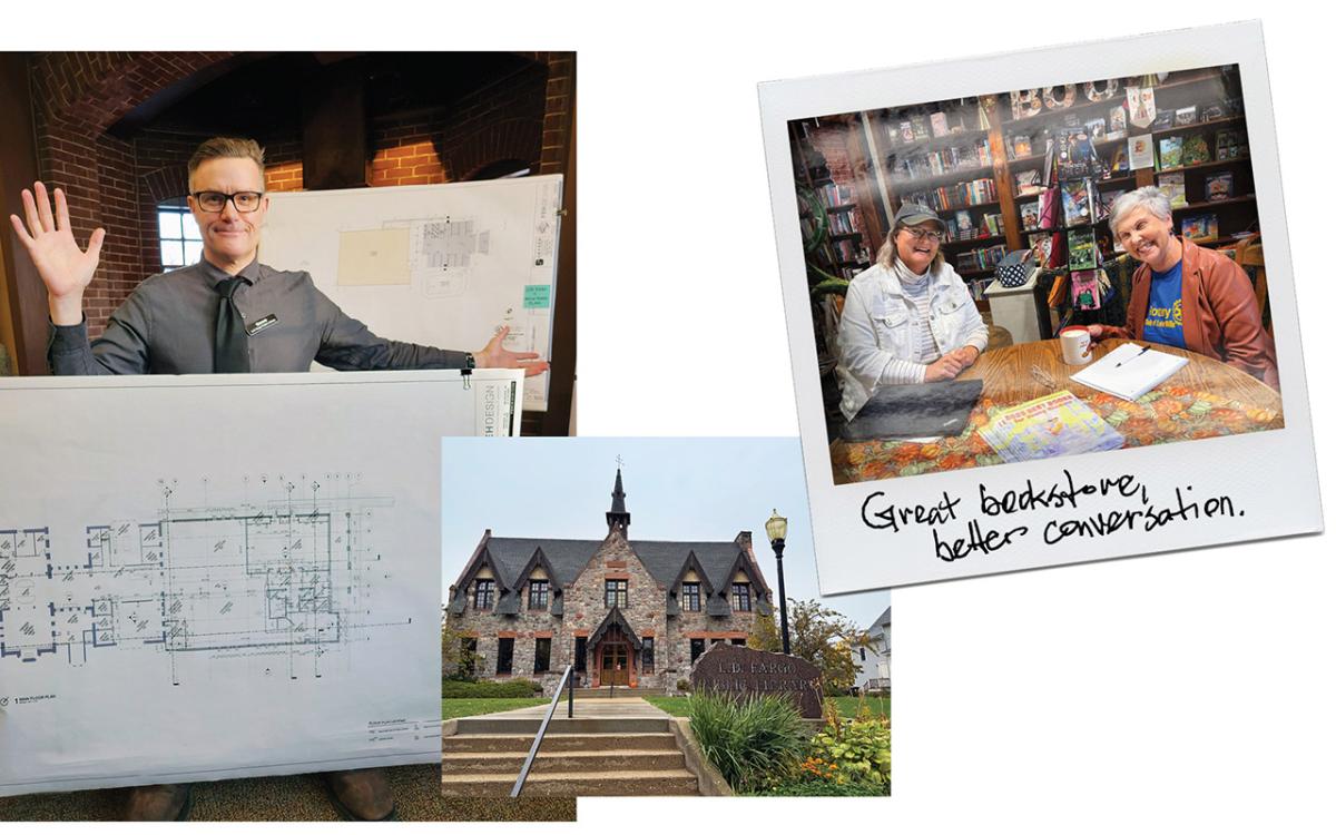 Gerard Saylor oversees the library’s expansion; Amy Litscher and Anita Martin enjoy coffee at the Daydream Believer bookshop.