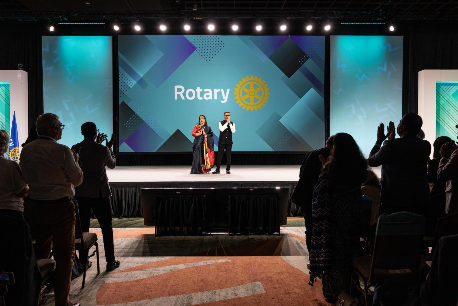Ravishankar and Paola Dakoju stand onstage at Rotary’s 2026 International Assembly in Orlando, Florida, USA, 13 January 2026. Ravishankar announced he and Paola would donate approximately US$50 million (4.5 billion Indian rupees) to The Rotary Foundation.